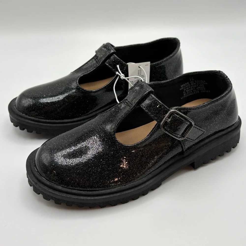 Old Navy Girls Black Glitter Glam Patent Leather Buckle Mary Jane's Size 12